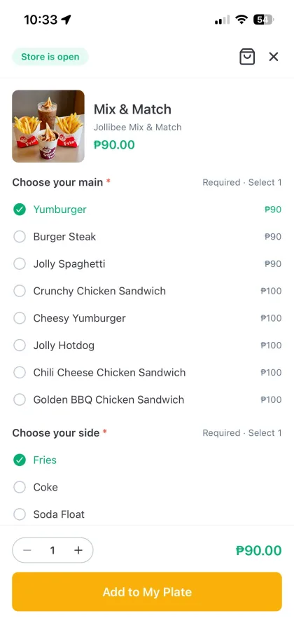 Adding a menu item to an order on Foody