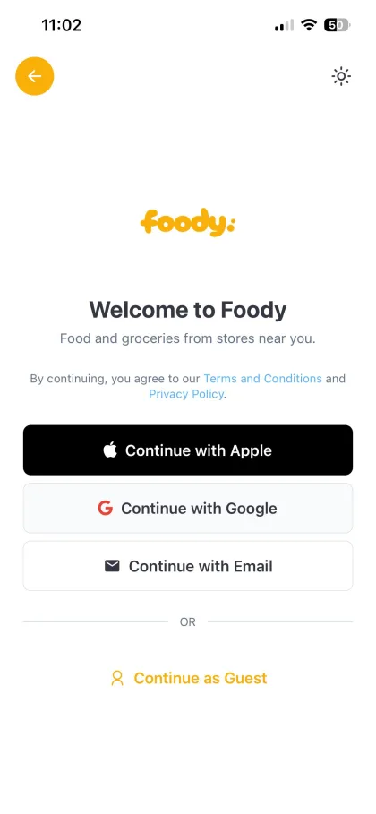 Signing in to the Foody app