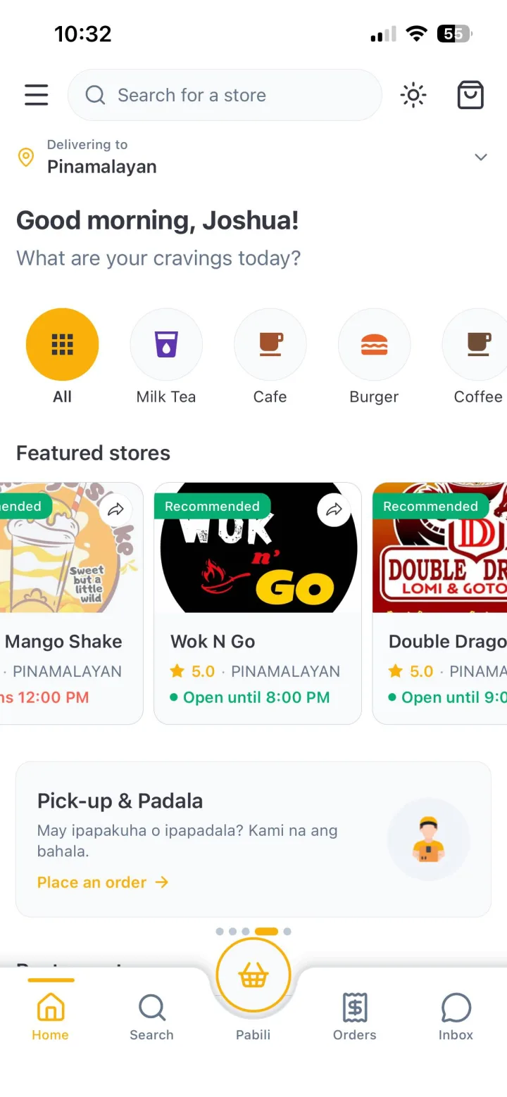 Browsing stores on Foody with the delivery address set to Pinamalayan